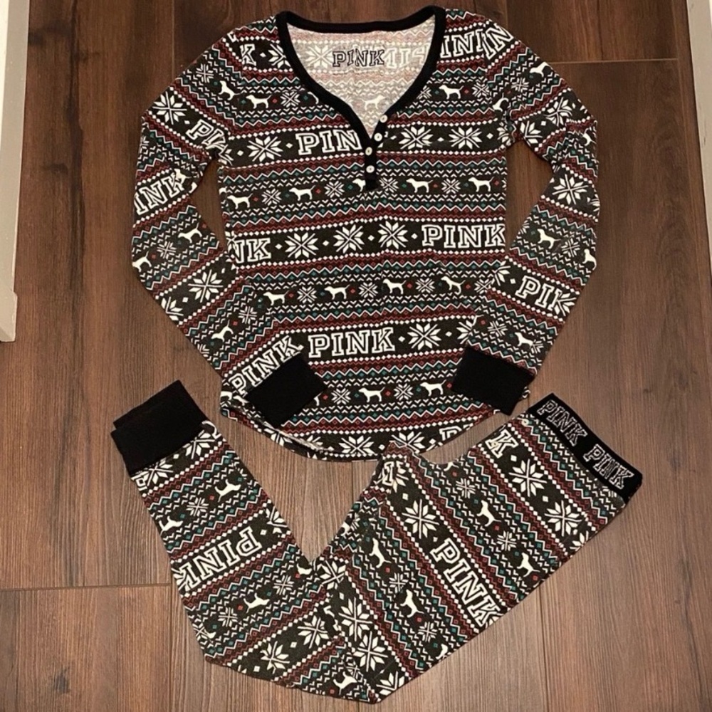 Victoria's Secret PINK fair isle print henley pajama in black